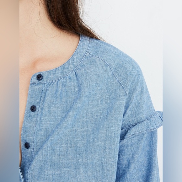 MADEWELL | Denim Collarless Ruffle-Sleeve Shirt | size 3X - Picture 3 of 11